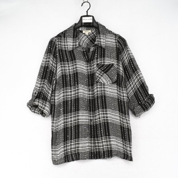 Style & Co Womens Shirt Top Plus 1X Black Sparkling Plaid Button-Up High-Low Hem - Picture 2 of 6